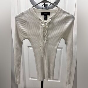 Forever 21 Women's White Ribbed Lace-Up Top